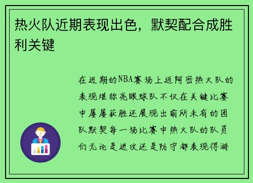 热火队近期表现出色，默契配合成胜利关键
